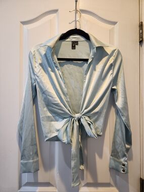 Windsor Light Blue Satin Tie-Front Shirt